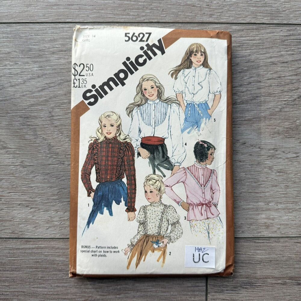 Vintage 80s Simplicity 5627 Sewing Pattern Girls Victorian Blouses Sz 14 UNCUT